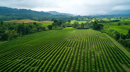 Aerial View of Lush Farmland. Rows of vibrant green crops stretch across a hillside landscape, with trees and rolling hills in the background under a cloudy sky