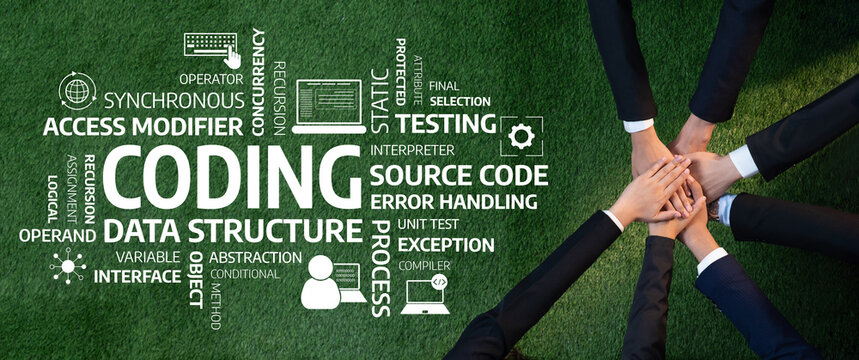 A vibrant image depicting a diverse team collaboratively strategizing over coding concepts while surrounded by lush green grass, symbolizing innovation and teamwork. Amity