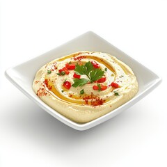 Creamy chickpea dip in a white bowl.  Garnished with chopped red pepper and parsley, drizzled with olive oil