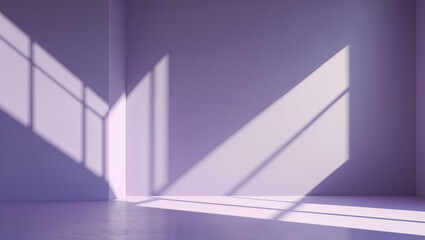 A minimalist background featuring a soft lavender scene with gentle amethyst sunlight streaming in at an angle, casting long diagonal shadows. 
