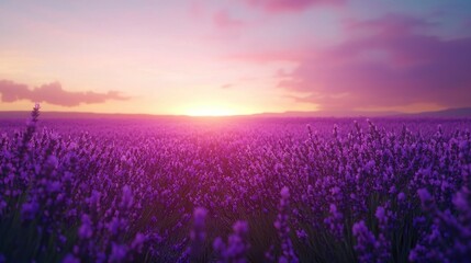 Fototapeta premium A field of lavender flowers with the sun setting in the distance is optimal