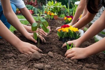 Young people planting trees and flowers, the hands of the children are shown in close-up, promote environmental protection