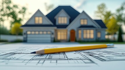 Pencil Drawing Line on Paper with House Outline in the Background, Symbolizing Home Construction, Architecture, and the Creative Process of Building Dream Homes in Architectural Design.