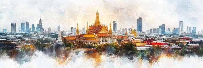 Obraz premium Bangkok Watercolor Cityscape: Temples and Towers - A watercolor painting of Bangkok, Thailand. It symbolizes the blend of modern and ancient architecture, cultural heritage, vibrant city life