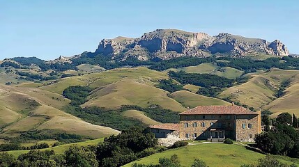Stone building on rolling hills with mountain view