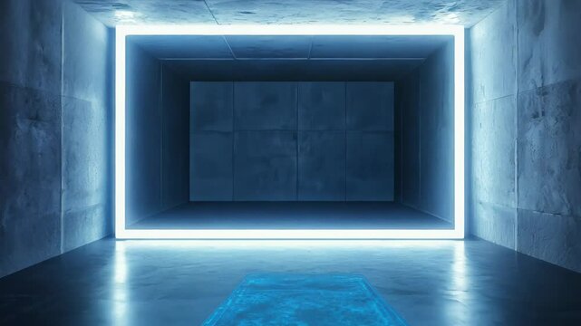 Large, empty room with a blue wall and a neon light in the middle. The room is dark and empty, with the neon light shining brightly in the center. Scene is one of emptiness and solitude