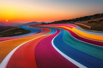 Vibrant Colors and Winding Curves of the Racing Track at Sunset Create a Stunning Visual Display in the Landscape, Showcasing the Artistry of Motorsport Design