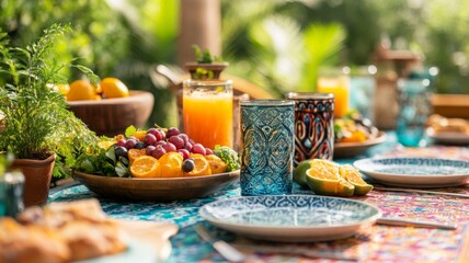 Outdoor Table Setting With Fruit And Drinks
