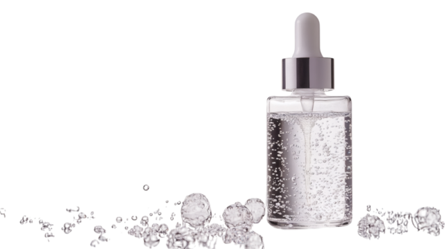 Serum with bubbles in a clear container on white background.