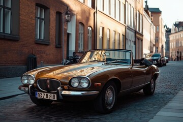 Classic convertible roadster parked on cobblestone street, European city setting