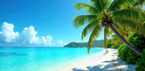 Lush coconut palms bend over a vibrant, blue Caribbean sea , turquoise, sand, idyllic