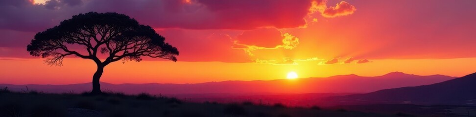 Obraz premium Majestic acacia silhouette against Taita Hills sunset, nature, horizon, natural