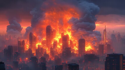 Fototapeta premium A City Under Siege Burning Severely During An Intense Blaze