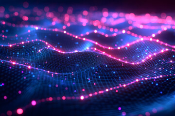 Obraz premium A vibrant digital landscape of glowing neon pink and blue dots connected by a wave-like grid, creating a futuristic and abstract representation of data flow, technology, and artificial intelligence. 
