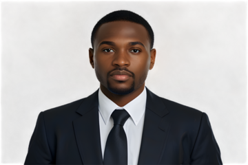 A professional young man in a dark suit, white shirt, and maroon tie poses confidently against a dark gradient background. His composed expression and sharp attire convey professionalism and success. 