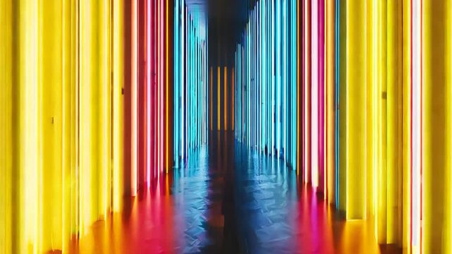 Long hallway with neon colored lights. The colors are bright and vibrant, creating a sense of energy and excitement. The lights are arranged in a way that they seem to be moving