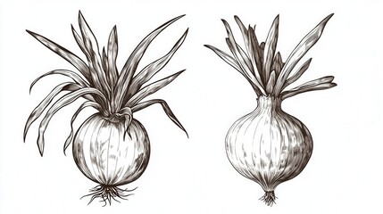 Vintage Botanical Onion Illustration - Detailed Black and White Drawing