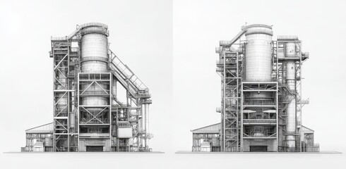 Continuous line art drawing of an industrial plant