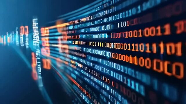 Long line of binary numbers with alternating orange and blue sections. Concept of order and structure, as the binary code is organized in a linear fashion
