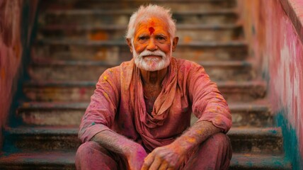 Elderly Man Covered In Holi Festival Colors