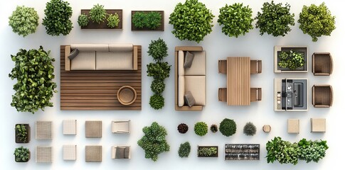 Aerial view of garden pathways, outdoor relaxation park furniture, and garden trees