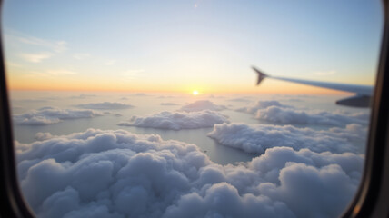 Fototapeta premium Clouds form puffy layers under the plane