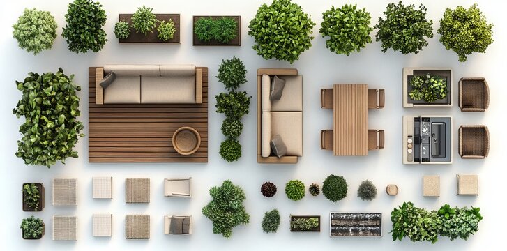 Aerial view of garden pathways, outdoor relaxation park furniture, and garden trees