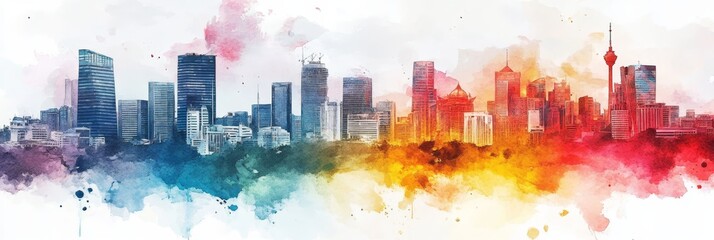 Obraz premium Jakarta Skyline Watercolor - Vibrant watercolor painting of Jakarta's cityscape, symbolizing growth, energy, culture, modernity, and diversity