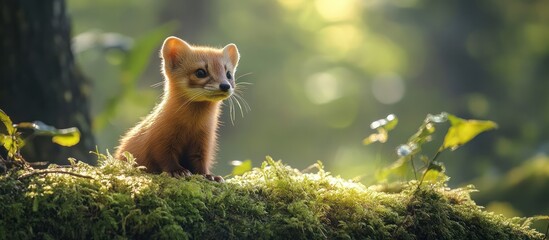 Fototapeta premium Adorable young pine marten sitting on mossy log in sunlit forest.