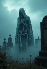 A haunting skeletal figure cloaked in mist stands in a graveyard, surrounded by tombstones, evoking an eerie, otherworldly atmosphere.
