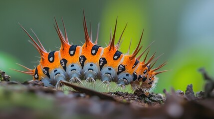 A vibrant orange caterpillar with striking spikes crawls on tree bark in the forest.