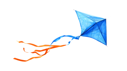Blue kite flying with orange and blue ribbons on transparent background