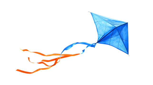 Blue kite flying with orange and blue ribbons on transparent background