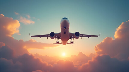 Dramatic Airplane Flying into Golden Sunset Sky | Scenic Aviation Travel Photo