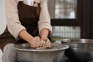 Hobby and craft. Woman making pottery indoors, closeup