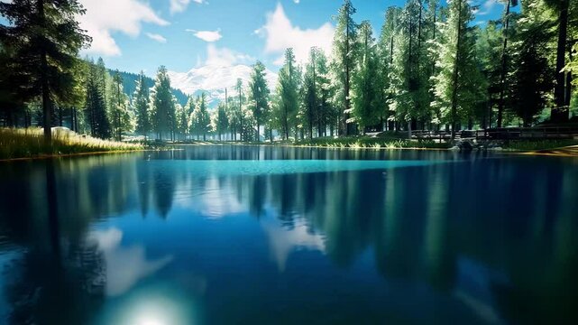 Serene mountain lake panorama video footage. Clear water reflecting trees and sky. Forest landscape motion picture for nature documentaries and travel vlogs. Outdoors clip with mountain backdrop.