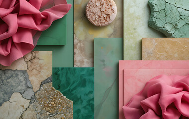 A bold and colorful material arrangement featuring green and pink tones, natural stone, and rich fabric textures for a fresh and contemporary design.