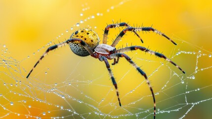 Close-up captures a colorful spider spinning its intricate, dew-kissed web in the warmth of a bright, sunny day.