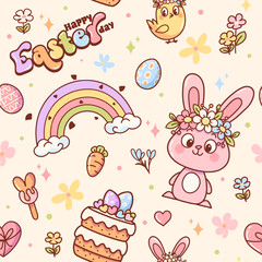 Colorful Easter Pattern with Bunny and Decorations