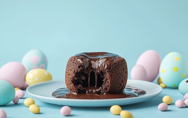 Floating chocolate lava cake with melting center, surrounded by pastel-colored Easter eggs