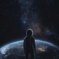 Fototapeta premium An astronaut observes the distant stars and the glowing planet