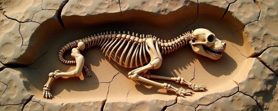 Ancient dog skeleton fossil embedded in rock, showcasing detailed bone structure and archaeological significance.