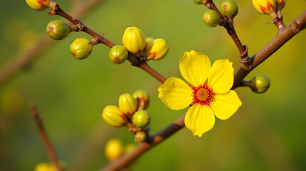 Fresh Spring Yellow Flower Blossom on Branch with Buds - Nature Macro