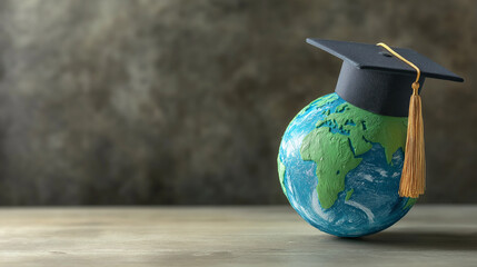 International business and education theme with graduation cap on world globe, representing knowledge expansion, overseas education, global learning, international universities, academic success, high