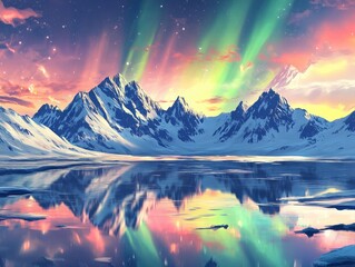 A serene, winter wonderland landscape, featuring majestic mountains reflecting in a calm lake, with a vibrant aurora borealis display