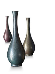 antique three colorful long ceramic vases on white background, object, decor, fashion, ancient, copy space