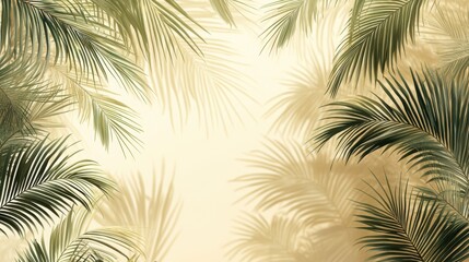 Palm leaves frame a soft, light yellow backdrop, casting delicate shadows and creating a tropical, summery vibe.
