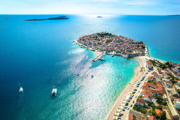 Croatia. Adriatic tourist town of Primosten aerial panoramic archipelago view