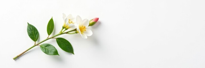 Obraz premium A single branch with leaves and flowers against a clean white surface, garden, white, natural elements