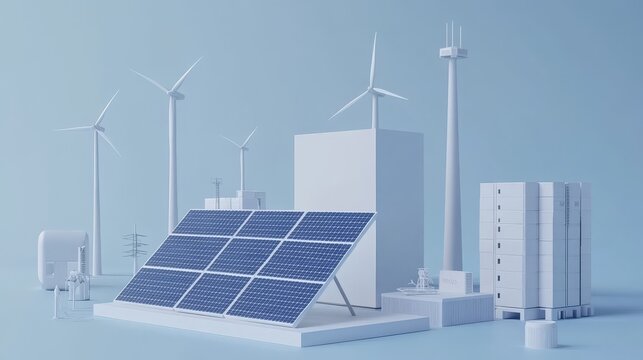 This is a contemporary depiction of a solar cell component in an isometric view, showcasing an on-grid inverter system for solar plant energy